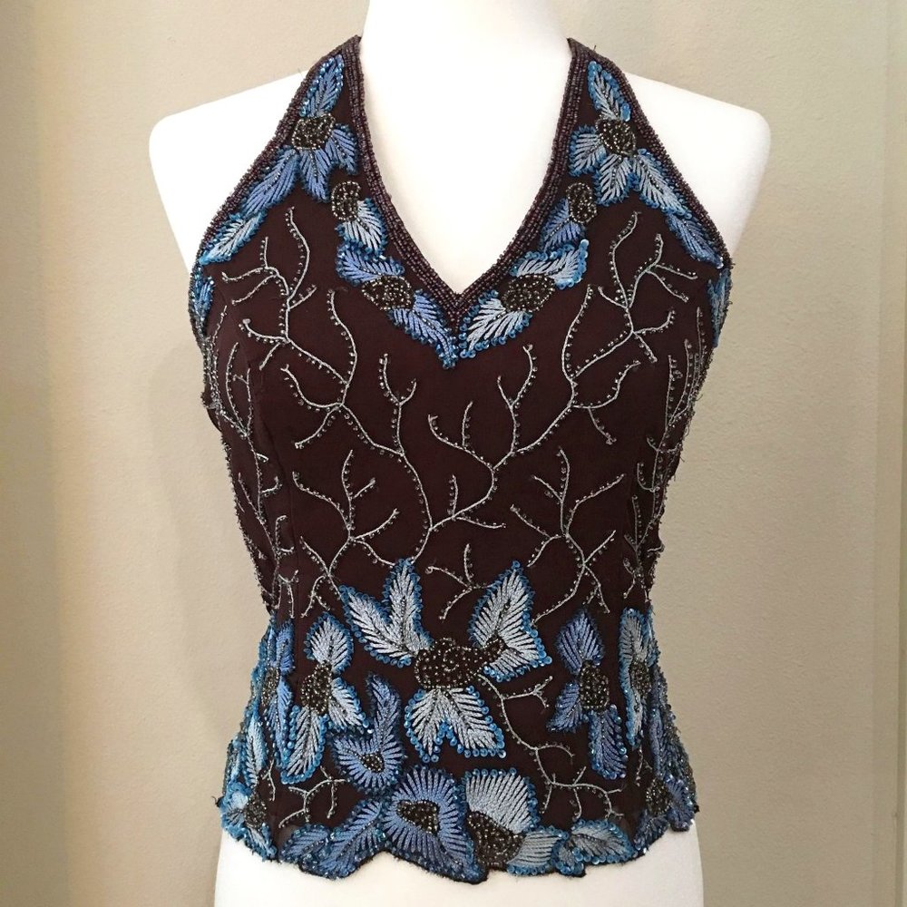 Chocolate/Blue Beaded Halter - Medium